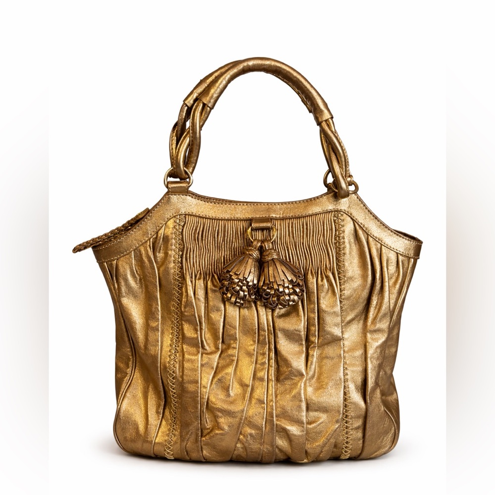 Isabella Fiore Royal Pleats Metallic Gold Leather Tassel Tote